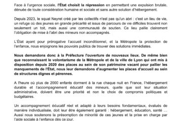 À seulement 9 jours de la trêve hivernale, la Préfecture a pris la décision choquante d'ordonner l’évacuation et la remise à la rue de 70 jeunes, en recours devant le juge pour enfants, du squat du 13 rue Neyret.